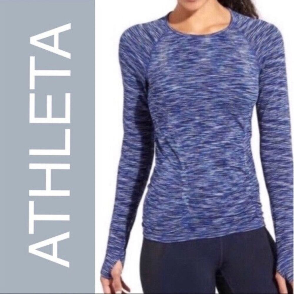 Athleta | Size S Fast Track Ruched Long Sleeve Top Blue Striped